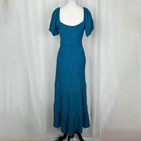 Max Ash Womens Tiered Midi Dress Medium Teal Regency Milkmaid Cottage Crinkled - Picture 4 of 7
